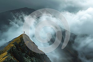 person on mountaintop, low storm clouds passing by