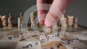 Person move piece male arm pawn unusual chess closeup in form of lion slowmotion