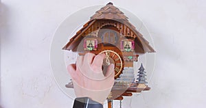 Person moves the hand of cuckoo clock to set the correct time or vice versa wrong time, because he wants to prank a