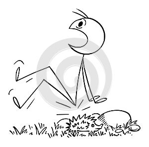 Person in Nature Sitting on Hedgehog by Mistake , Vector Cartoon Stick Figure Illustration