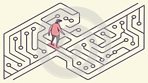 Person navigating circuit board maze, tech problem-solving, vector design Generative AI