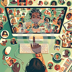 Person navigating an online virtual meeting on computer screen