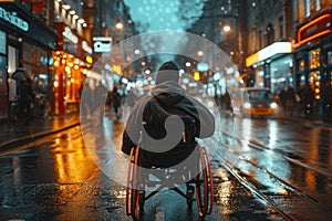 A person navigating a wheelchair through wet urban roads with vibrant city lights.