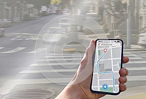 person with navigation app on city street