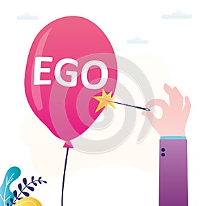 Person with needle pierces balloon with inscription ego. Human tries to overcome egoism