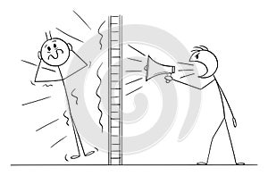 Person or Neighbor Doing Loud Noise Using Megaphone Behind Wall, Vector Cartoon Stick Figure Illustration