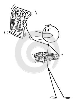 Person or Newsboy Selling Newspaper, Vector Cartoon Stick Figure Illustration