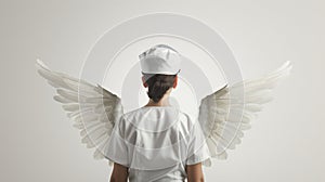 A person in a nurse\'s uniform with angel wings, concept of caregiving