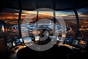 A person observing an expansive, illuminated airport from a high-tech control room during sunset, highlighting the intersection of