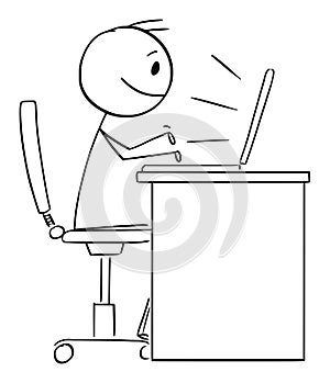 Person or Office Worker Working or Typing on Computer, Vector Cartoon Stick Figure Illustration