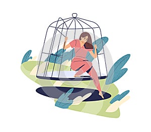 Person open cage, overcome fear and doubt, escape comfort zone. Psychological concept of freedom and risk. Woman become