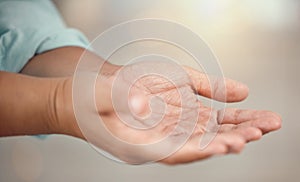 Person open hands for charity, support or poverty with lens flare and mockup. Community, love and care with empty palms