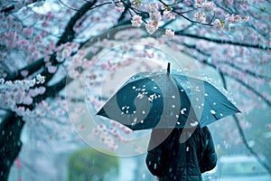 person with an open umbrella under a cherry blossom rain