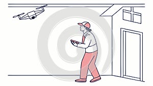 A person operating a flying drone with a remote control, technology, vector design Generative AI