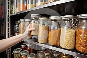 person, organizing pantry with canned goods and spices