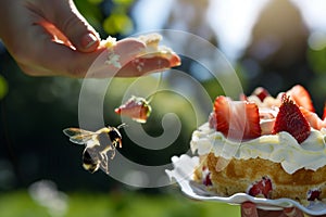 a person outdoors with a bee flying toward their strawberry shortcake