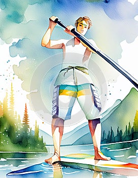 A person paddleboarding on a tranquil lake, with vibrant watercolor mountains and greenery