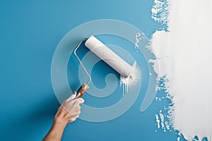 person with paint roller coating white paint over a blue wall