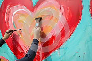 person with paintbrush adding finishing touches to heart mural