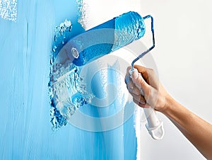 A person painting a blue wall with a paint roller