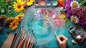 A person painting flowers with paint brushes and a palette of colors, AI