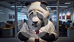 Person in Panda Costume Holding Layoff Notice in Office