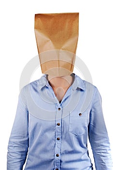 A person with paper bag head