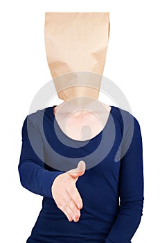 Person with paper bag head