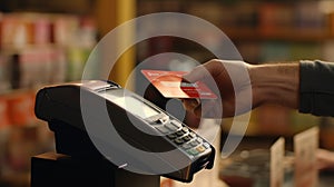 Person pay purchase with card. Bank money terminal close up. Payment transaction