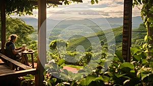 A person is peacefully seated on a wooden bench in the midst of a lush forest, Tranquil afternoon in a coffee plantation in