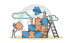 Person people man and woman connect jigsaw business puzzle flat background concept vector illustration. Cooperation businessman