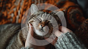 A person petting a cat with their hands on the cats face, AI