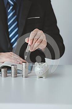 Person with pile of coins and piggy bank, money saving concept for future use and financial stability, salary management, personal