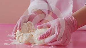 A person in pink gloves kneading dough on a table, AI
