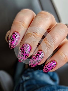 A person with pink leopard print nails