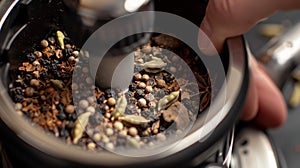 A person is placing seeds into a food processor for grinding and processing, preparing ingredients for a recipe