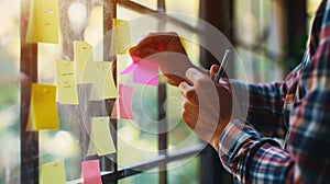 Person in a plaid shirt writing on sticky notes during a brainstorming session.. AI generated
