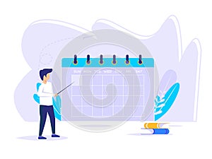 Person planning concept. an entrepreneur plans and fills in a time schedule. Male vector illustration showing business and event