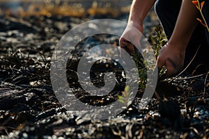 person planting fireresistant plants in a burnt field