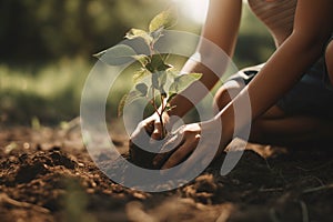 Person planting seedlings into soil, volunteer working with saplings, generative AI