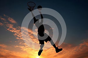 Basket silhouette jump sky sport athlete player hoop sunset playing ball basketball game