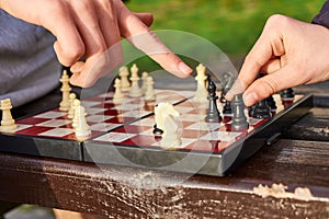 Person playing chess in nature.