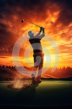 person playing gold at sunset illustration, man golfing