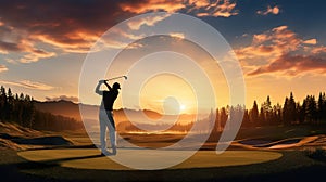 person playing gold at sunset illustration, man golfing