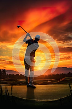 person playing gold at sunset illustration, man golfing