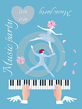 Person playing on grand piano. Hands with wings and little dancing fairy and elf on scy blue background in vector.