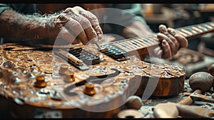 A person playing a guitar up close, focusing on the hands strumming the strings and fingers pressing the frets photo