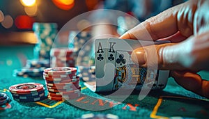 A person is playing poker, with their hands holding cards and chips on the table in front of them