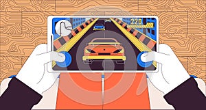 Person playing racing videogame 2D linear illustration concept