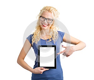 Person pointing at blank screen computer tablet